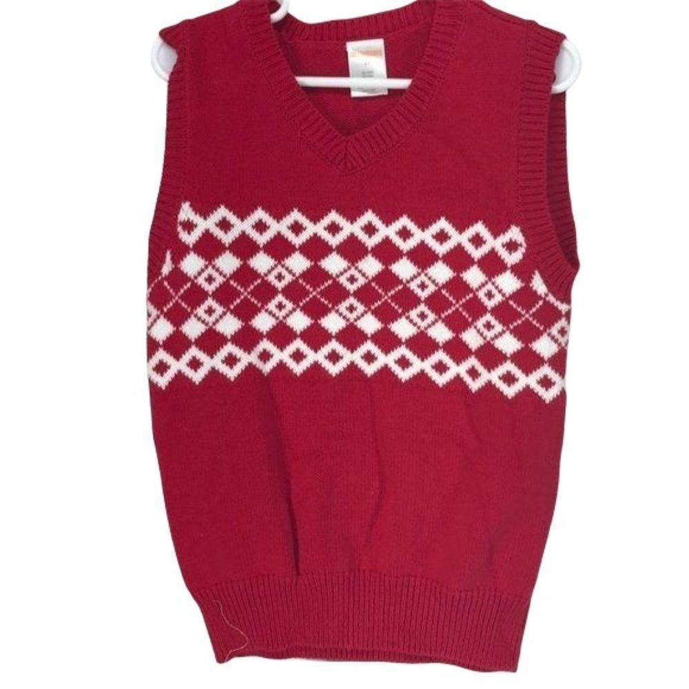 Gymboree Boys Red Argyle Knit Sweater Vest V-Neck Cotton Size 4T